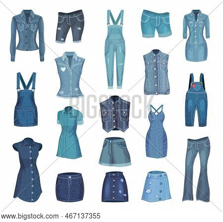 Blue Denim Clothes With Dress, Jacket, Vest, Shorts, Jeans, Skirt And Jumpsuit Big Vector Set