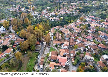 Drone Aerial Scenery Of Kampos Mountain Village In Autumn. Troodos Cyprus Europe