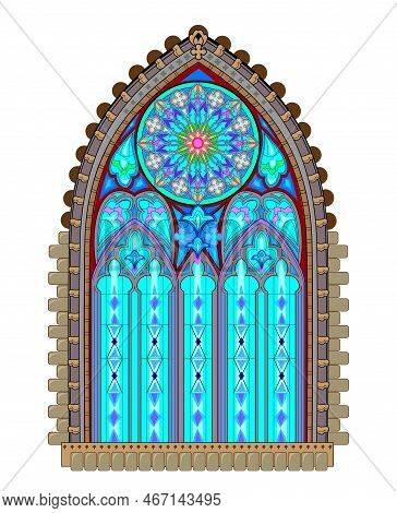 Beautiful Colorful Medieval Stained Glass Window With Rose. Gothic Architectural Style With Pointed 