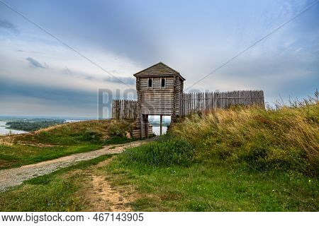 Ancient Wooden Fortress On A Background Of River Spaces. Russia, Tatarstan, Ancient Bulgar Fortress 