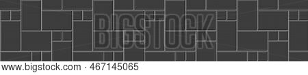 Black Herringbone Inserted Tile Horizontal Background. Causeway Texture. Stone Or Ceramic Brick Wall