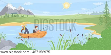 Fisherman In Boat Over Summer Landscape Vector