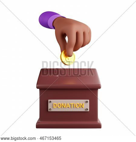 3d Render Hand Putting Coin In Donation Box Isolated On White Background. Person Donating Money For 