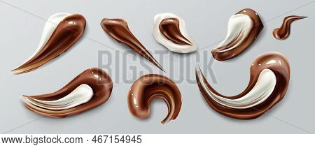 Chocolate Strokes, Brown White Liquid Smears, Ganache Sauce Or Syrup Stains And Melt Smudges Isolate