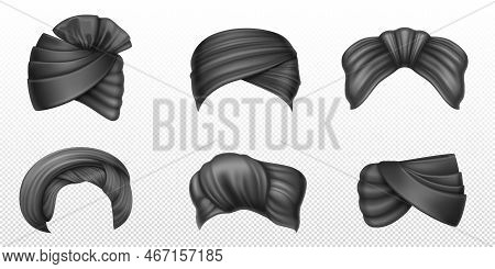 Black Turbans, Indian And Arab Headdress For Man And Woman. Vector Realistic Set Of Winding Headscar