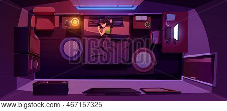 Young Woman Sleeping On Bed At Night Room Top View, Dormant Female Character Lying Under Blanket Nap