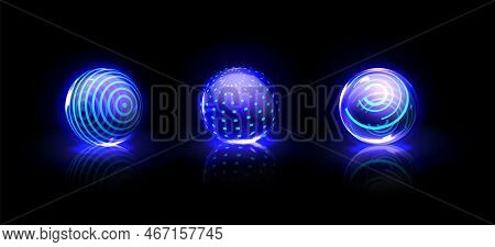 Force Shield Bubbles, Energy Glowing Blue Balls, Spheres, Defense Fields. Science Fiction Glowing De