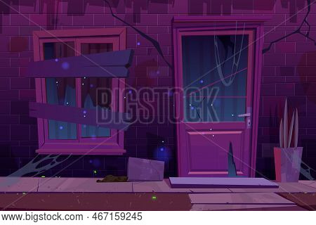 Old Brick House Facade With Broken Door And Boarded Up Window At Night. Vector Cartoon Illustration 