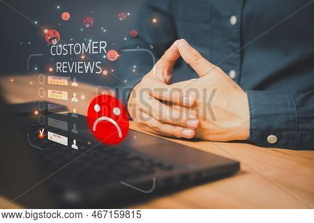 Unhappy Man Customer With Sad Emotion Face On Laptop. Bad Review And Service Dislike Poor Quality, L