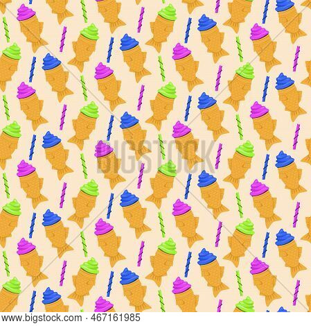 Korean Street Food Sweet Fish Shaped Pastry Bugeoppang With Icecream And Toppings Candy Seamless Pat