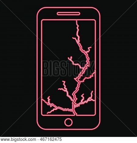 Neon Smartphone With Crack On Display Broken Modern Mobile Phone Shattered Smartphone Screen Phone W