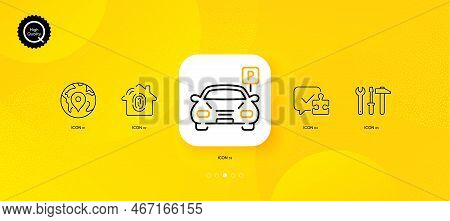 Fingerprint Access, Pin And Parking Minimal Line Icons. Yellow Abstract Background. Puzzle, Spanner 