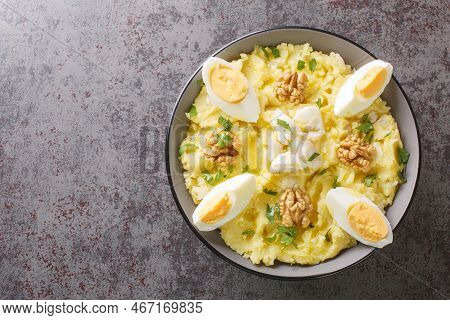 Atascaburras A Delicious Salt Cod And Potato Dish With Slices Of Hard Boiled Egg, Walnuts And A Dash