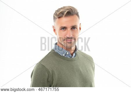 Studio Shot Of Handsome Grizzled Man. Mature Grizzled Man With Stubble Isolated On White