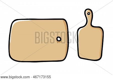 Doodle Cutting Board. Hand-drawn Cooking Surface Isolated On White Background. Wooden Utensils For T