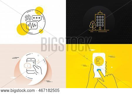Minimal Set Of Skyscraper Buildings, Biometric Security And Hold Document Line Icons. Phone Screen, 