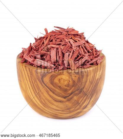 Red Sandalwood Incense Chips In Wooden Bowl, Isolated On White Background. Sanderswood, Rubywood Or 