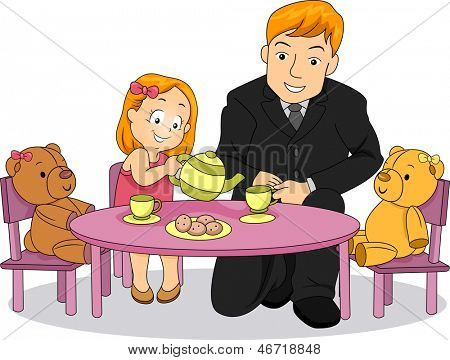 Illusztráció: kis gyerek lány játszik vele apja Tea Party