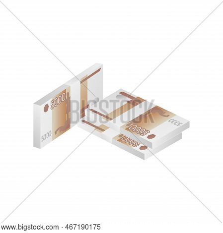 Pile Of Five Thousand Rubles Banknotes, Cash Money Of Russia. Vector Illustration Of Paper Currency 