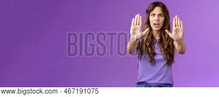 You Need Stop Hold It. Serious-looking Intense Displeased Woman Pull Hands Prohibition Taboo Sign Fr