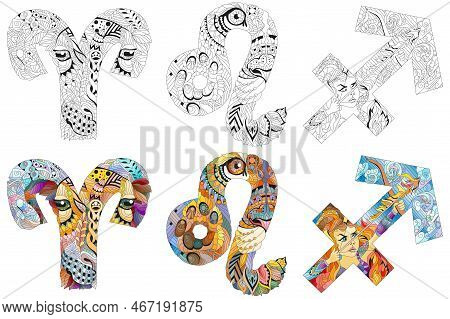 Hand-painted Art Design For Coloring. Hand Drawn Illustration Words Aries, Leo And Sagittarius For T