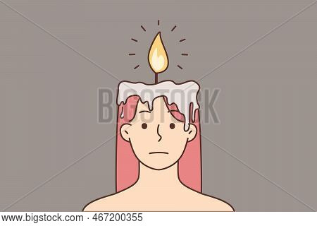 Distressed Young Woman With Head Burning As Candle. Unhappy Female With Candlelight Instead Of Brain