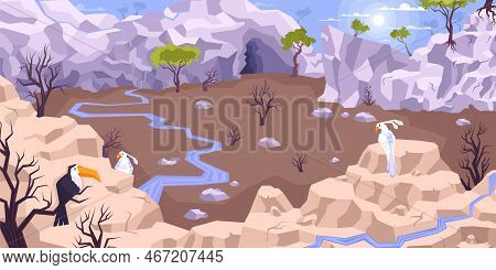 Landscape Mountains Flat Composition With Dryland Scenery And Tableland With Brooks Surrounded By Cl
