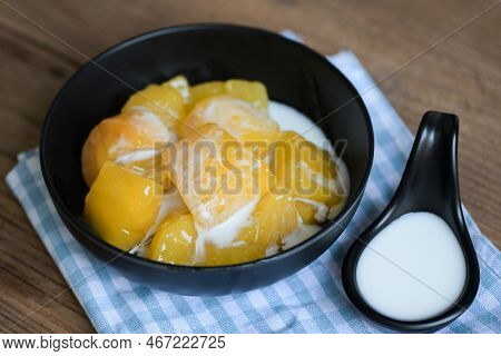 Cassava Food On The Table Food, Sweet Dessert Made Of Boiled Cassava, Sugar And Coconut Milik - Thai