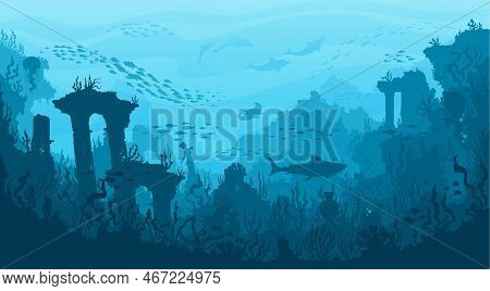 Underwater Landscape, Ancient City Columns And Temples, Shark, Manta And Fish, Vector Sea Background