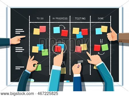 Scrum Board With Businessman Hands. Vector Project Sprint Schedule, Scrum Or Agile Methodology Task 