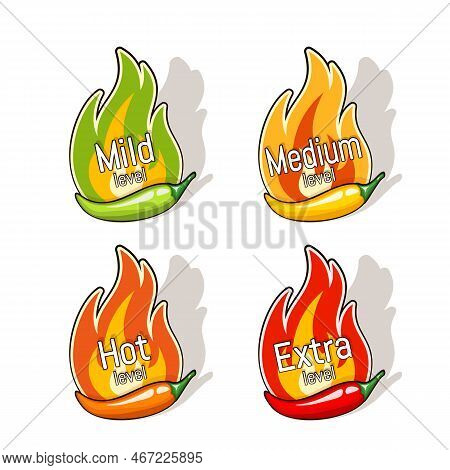 Set Of Badges With Chili Pepper Pod And Fire Flame From Behind. Mild, Medium, Hot And Extra Levels O