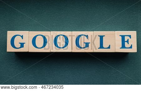 January 31, 2022. Mountain View, California. The Name Of The Google Company, Laid Out From Wooden Cu