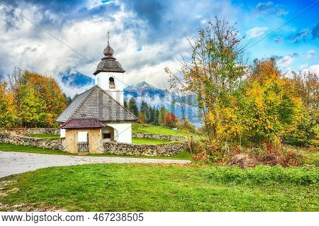 Picturesque View On Church Of St. Catherine On Hom Hill Near Zasip. Popular Tourist Destination. Loc