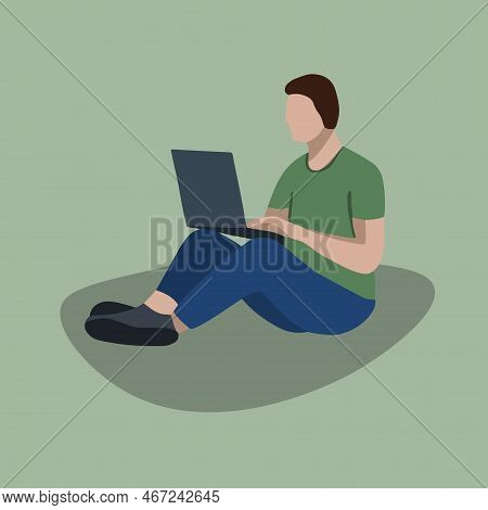 Vector Isolated Illustration Of A Man With A Laptop. Remote Work.