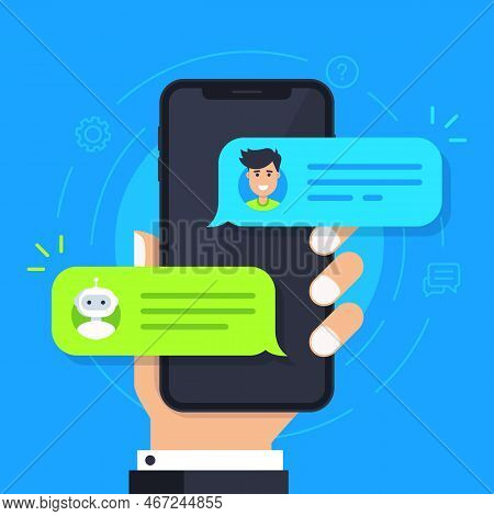 Chatbot Flat Icon. Man Chatting With Chat Bot On Smartphone. Hand Holds Phone With Chat Bubbles On T