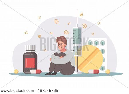 Bad Habits Cartoon Concept With Dengerous Drug Addict Vector Illustration