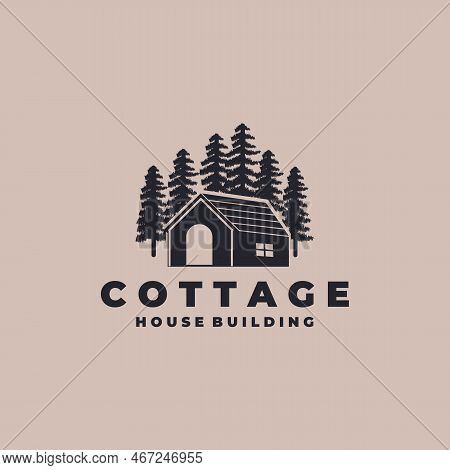 Cottage Vintage Logo Vector Illustration Design Graphic, Vintage Cottage And Pine Tree Symbol Design