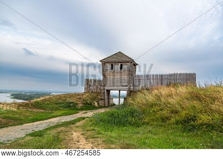 Ancient Wooden Fortress On A Background Of River Spaces. Russia, Tatarstan, Ancient Bulgar Fortress 