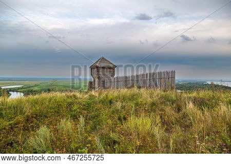 Ancient Wooden Fortress On A Background Of River Spaces. Russia, Tatarstan, Ancient Bulgar Fortress 