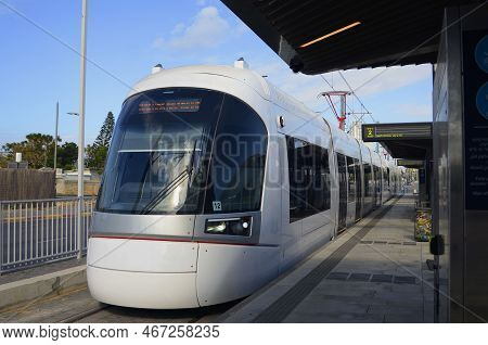 Bat Yam, Israel. December 2022 Dankal Metro Tram. Tel Aviv Light Rail. White Locomotives On Test Dri