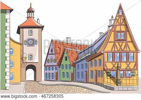 Old Medieval Street With Colorful Houses And Clock Tower In Rothenburg Ob Der Tauber.