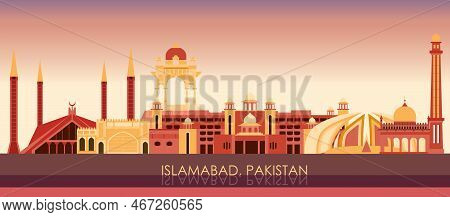 Sunset Skyline Panorama Of City Of Islamabad, Pakistan - Vector Illustration