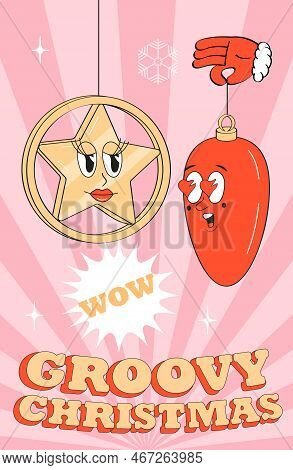Groovy Christmas Banner Vector. Hipster New Zear Ball. Crazy, Funny Star, New Year Ball.