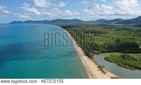 Tropical North Queensland Aerial View Of Bramston Beach Coastal Area And Russell River