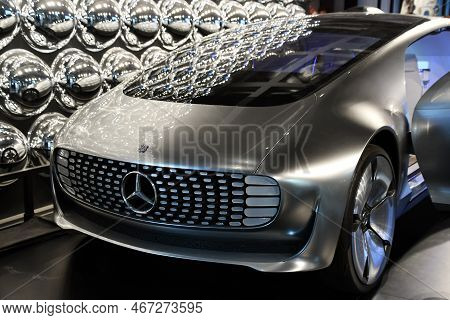 Warsaw, Poland - Jul 11: Mercedes Benz F 015 Concept Car At Copernicus Science Centre In Warsaw, Pol