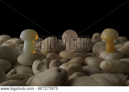 Stone Mushrooms Made From Mixed Gemstones And Crystalize Rock Showing Unique Patterns And Colours Us