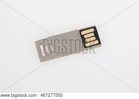 Usb Key Flash Silver Steel Modern Drive Pc On White Background