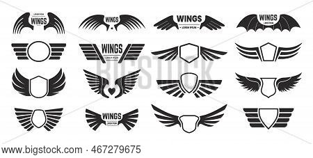 Wings Badges. Heraldic Shield With Flying Bird Wings, Fast Frame For Biker Tag And Air Force Army Mi