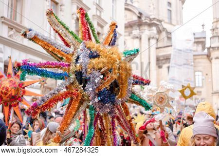 Lviv, Ukraine - January 8, 2022 : The Flash Of Christmas Star Festival, Traditional Christmas Stars 