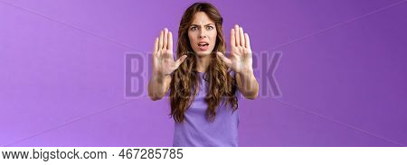 You Need Stop Hold It. Serious-looking Intense Displeased Woman Pull Hands Prohibition Taboo Sign Fr